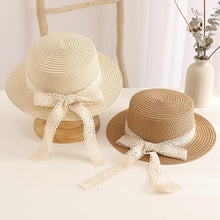 Load image into Gallery viewer, Parent Child Summer Sun Hat Bucket Cap Simple Beige Lace Bowknot Ribbon Flat top Straw Hat Beach Outing Caps

