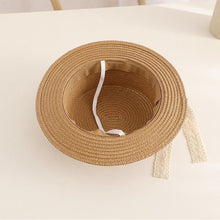 Load image into Gallery viewer, Parent Child Summer Sun Hat Bucket Cap Simple Beige Lace Bowknot Ribbon Flat top Straw Hat Beach Outing Caps
