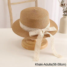 Load image into Gallery viewer, Parent Child Summer Sun Hat Bucket Cap Simple Beige Lace Bowknot Ribbon Flat top Straw Hat Beach Outing Caps
