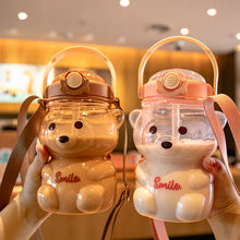 Load image into Gallery viewer, 1000ml Cute Kawaii Bear Water Bottle for Girl Plastic Gradient Korean Large Outdoor Sports School Drinking Bottle With Strap Straw
