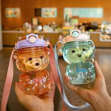 Load image into Gallery viewer, 1000ml Cute Kawaii Bear Water Bottle for Girl Plastic Gradient Korean Large Outdoor Sports School Drinking Bottle With Strap Straw
