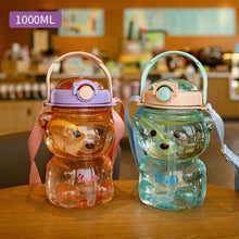 Load image into Gallery viewer, 1000ml Cute Kawaii Bear Water Bottle for Girl Plastic Gradient Korean Large Outdoor Sports School Drinking Bottle With Strap Straw
