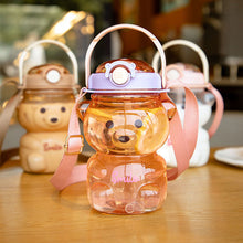 Load image into Gallery viewer, 1000ml Cute Kawaii Bear Water Bottle for Girl Plastic Gradient Korean Large Outdoor Sports School Drinking Bottle With Strap Straw
