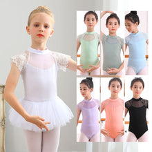 Load image into Gallery viewer, Children's Lace Short Sleeved Dance Costume Summer Stand Collar Mesh Splicing Dance Costume Dance Training Clothes for Girls
