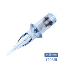 Load image into Gallery viewer, 10pcs Disposable Semi Permanent 0.35mm Purple Tattoo Needle RL RM M1 RS Tattoo Pen Machine Universal Short Needle Eyebrow Tattoo Needle
