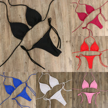 Load image into Gallery viewer, Solid Color Hanging Neck Style Lace-Up Bikini Women's Sexy Split Adjustable Binding Triangle Beach Swimsuit No Steel Bracket No Chest Pad

