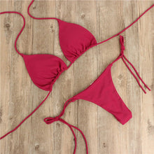 Load image into Gallery viewer, Solid Color Hanging Neck Style Lace-Up Bikini Women's Sexy Split Adjustable Binding Triangle Beach Swimsuit No Steel Bracket No Chest Pad
