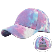 Load image into Gallery viewer, Fashion Men And Women Tie-Dye Sun Hat Adjustable Back Opening Cross Style Baseball Cap Summer Ponytail Hip Hop Mesh Cap
