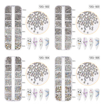 Load image into Gallery viewer, 12 Grids/set Nail Acrylic Rhinestones Transparent Flat Bottomed Acrylic Diamonds Multi Sizes Mixed Manicure Decoration Ornaments

