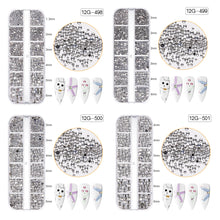 Load image into Gallery viewer, 12 Grids/set Nail Acrylic Rhinestones Transparent Flat Bottomed Acrylic Diamonds Multi Sizes Mixed Manicure Decoration Ornaments
