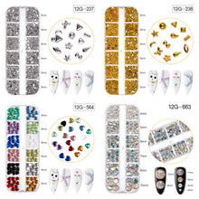 Load image into Gallery viewer, 12 Grids/set Nail Acrylic Rhinestones Flat Bottomed Acrylic Diamonds Multiple Shapes Manicure Art Decoration Ornaments
