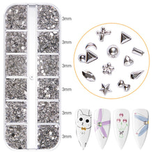 Load image into Gallery viewer, 12 Grids/set Nail Acrylic Rhinestones Flat Bottomed Acrylic Diamonds Multiple Shapes Manicure Art Decoration Ornaments
