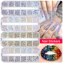 Load image into Gallery viewer, 12 Grids/set Nail Rhinestones Transparent Flat Bottomed Crystal Glass Diamonds Multi Sizes Mixed Manicure Art Decoration Diamonds
