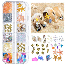 Load image into Gallery viewer, 12 Grids/set Ocean Series Nail Ornaments Shell Slices Starfish Pearl Metal Rivets Multiple Styles Manicure Art Decoration
