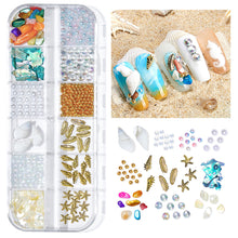 Load image into Gallery viewer, 12 Grids/set Ocean Series Nail Ornaments Shell Slices Starfish Pearl Metal Rivets Multiple Styles Manicure Art Decoration
