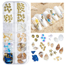Load image into Gallery viewer, 12 Grids/set Ocean Series Nail Ornaments Shell Slices Starfish Pearl Metal Rivets Multiple Styles Manicure Art Decoration
