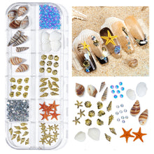 Load image into Gallery viewer, 12 Grids/set Ocean Series Nail Ornaments Shell Slices Starfish Pearl Metal Rivets Multiple Styles Manicure Art Decoration
