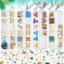 Load image into Gallery viewer, 12 Grids/set Ocean Series Nail Ornaments Shell Slices Starfish Pearl Metal Rivets Multiple Styles Manicure Art Decoration
