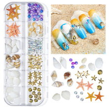 Load image into Gallery viewer, 12 Grids/set Ocean Series Nail Ornaments Shell Slices Starfish Pearl Metal Rivets Multiple Styles Manicure Art Decoration
