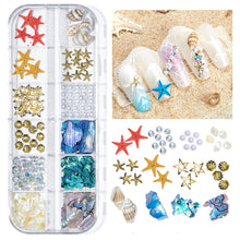 Load image into Gallery viewer, 12 Grids/set Ocean Series Nail Ornaments Shell Slices Starfish Pearl Metal Rivets Multiple Styles Manicure Art Decoration
