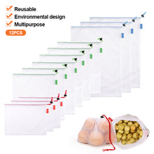 Load image into Gallery viewer, 12pcs 3Sizes Reusable Mesh Drawstring Bag Eco-Friendly Washable Bags Grocery Shopping Storage Fruit Vegetable Toys Sundries Bag
