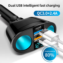 Load image into Gallery viewer, Car Cigarette Lighter Socket Splitter Blue Atmosphere Light PD QC3.0 2 USB Charger C Ports For Mobile Phone DVR Charging 12V-24V
