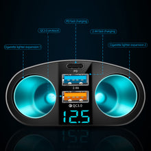 Load image into Gallery viewer, Car Cigarette Lighter Socket Splitter Blue Atmosphere Light PD QC3.0 2 USB Charger C Ports For Mobile Phone DVR Charging 12V-24V
