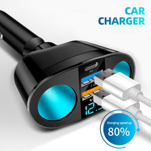 Load image into Gallery viewer, Car Cigarette Lighter Socket Splitter Blue Atmosphere Light PD QC3.0 2 USB Charger C Ports For Mobile Phone DVR Charging 12V-24V

