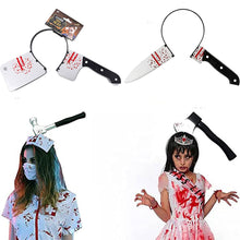 Load image into Gallery viewer, Halloween Horror Props Blood Fake Ax Saws Knife Headband for Halloween Party Masquerade Mischief Props Decoration Kids Toy Gifts
