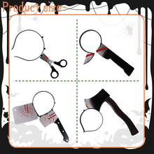 Load image into Gallery viewer, Halloween Horror Props Blood Fake Ax Saws Knife Headband for Halloween Party Masquerade Mischief Props Decoration Kids Toy Gifts
