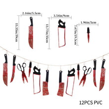 Load image into Gallery viewer, Halloween Party Plastic Blood Knife Tools Set Horror Spooky Haunted House Hanging Knife Garland Banner Sticker Background Decoration
