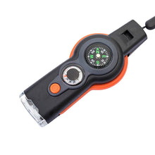 Load image into Gallery viewer, Multifunction 7 In1 Outdoor EDC Survival Whistle Keychain with Compass Thermometer Magnifier Camping Hiking Outdoor Tools
