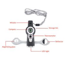 Load image into Gallery viewer, Multifunction 7 In1 Outdoor EDC Survival Whistle Keychain with Compass Thermometer Magnifier Camping Hiking Outdoor Tools
