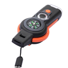 Load image into Gallery viewer, Multifunction 7 In1 Outdoor EDC Survival Whistle Keychain with Compass Thermometer Magnifier Camping Hiking Outdoor Tools
