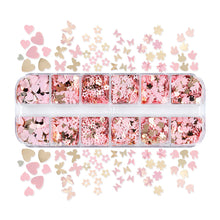 Load image into Gallery viewer, 12 Grids 3D Acrylic Flower Nail Sequins Decoration Mixed Pink Golden Butterfly Love Flower Rabbit Nail Art Supplies Professional Accessories
