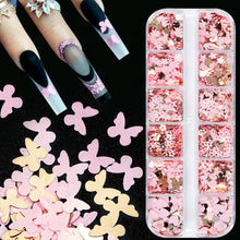 Load image into Gallery viewer, 12 Grids 3D Acrylic Flower Nail Sequins Decoration Mixed Pink Golden Butterfly Love Flower Rabbit Nail Art Supplies Professional Accessories
