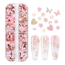 Load image into Gallery viewer, 12 Grids 3D Acrylic Flower Nail Sequins Decoration Mixed Pink Golden Butterfly Love Flower Rabbit Nail Art Supplies Professional Accessories
