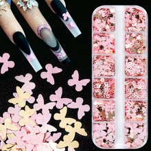 Load image into Gallery viewer, 12 Grids 3D Acrylic Flower Nail Sequins Decoration Mixed Pink Golden Butterfly Love Flower Rabbit Nail Art Supplies Professional Accessories
