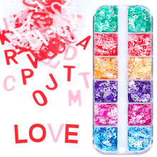 Load image into Gallery viewer, 12 Grid Long Box Mixed Color English Alphabet Sequins Ultra-thin Nail Enhancement PET Nail Enhancement DIY Sequins
