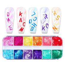 Load image into Gallery viewer, 12 Grid Long Box Mixed Color English Alphabet Sequins Ultra-thin Nail Enhancement PET Nail Enhancement DIY Sequins
