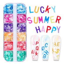 Load image into Gallery viewer, 12 Grid Long Box Mixed Color English Alphabet Sequins Ultra-thin Nail Enhancement PET Nail Enhancement DIY Sequins
