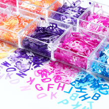Load image into Gallery viewer, 12 Grid Long Box Mixed Color English Alphabet Sequins Ultra-thin Nail Enhancement PET Nail Enhancement DIY Sequins

