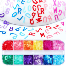 Load image into Gallery viewer, 12 Grid Long Box Mixed Color English Alphabet Sequins Ultra-thin Nail Enhancement PET Nail Enhancement DIY Sequins
