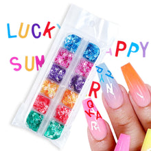 Load image into Gallery viewer, 12 Grid Long Box Mixed Color English Alphabet Sequins Ultra-thin Nail Enhancement PET Nail Enhancement DIY Sequins

