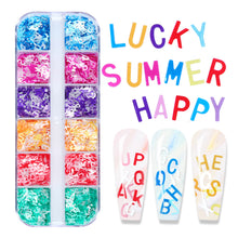 Load image into Gallery viewer, 12 Grid Long Box Mixed Color English Alphabet Sequins Ultra-thin Nail Enhancement PET Nail Enhancement DIY Sequins
