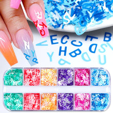 Load image into Gallery viewer, 12 Grid Long Box Mixed Color English Alphabet Sequins Ultra-thin Nail Enhancement PET Nail Enhancement DIY Sequins
