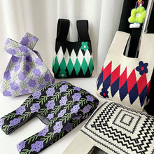 Load image into Gallery viewer, Handmade Zebra-stripe Knit Handbag Casual Wave Lavender Wrist-bag Female Tote Bag Women Reusable Shopping Bags

