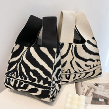 Load image into Gallery viewer, Handmade Zebra-stripe Knit Handbag Casual Wave Lavender Wrist-bag Female Tote Bag Women Reusable Shopping Bags
