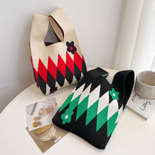 Load image into Gallery viewer, Handmade Knit Handbag Casual Knitted Bag Diamond Checkered Small Flower Wrist-bag Female Tote Bag Women Reusable Shopping Bags
