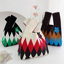 Load image into Gallery viewer, Handmade Knit Handbag Casual Knitted Bag Diamond Checkered Small Flower Wrist-bag Female Tote Bag Women Reusable Shopping Bags
